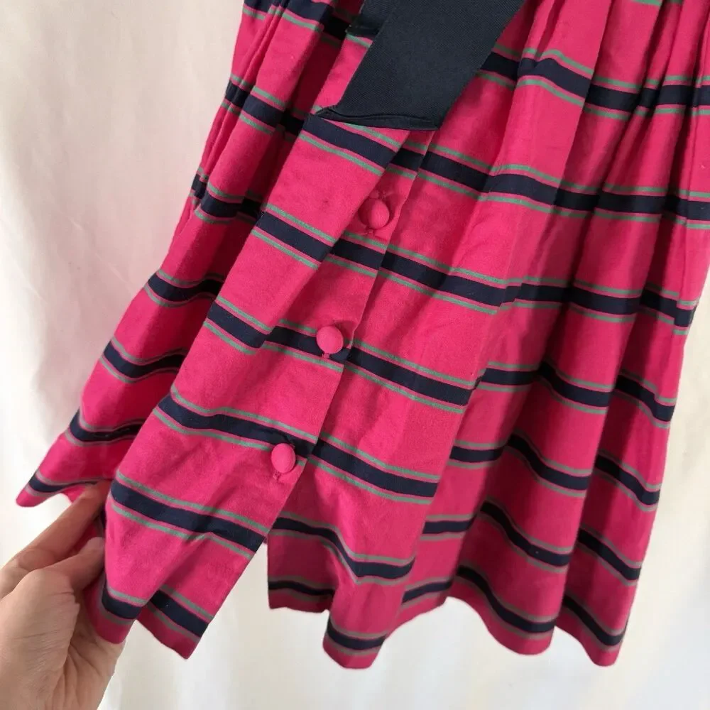 Ralph Lauren Formal Dress Girls 6X Pink Navy Blue Striped Pleated Ribbon Tie